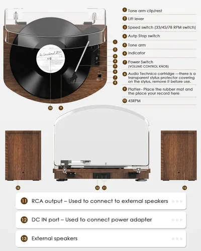 Vista 6 de Reproductor de discos de vinilo con altavoces estéreo duales, tocadiscos de transmisión por correa con entrada Bluetooth, reproducción de 3