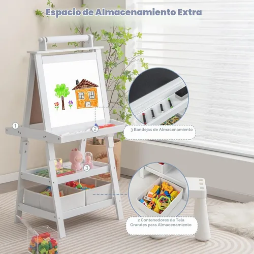 Vista 4 de Costzon Kids Art Easel, 3 in 1 Double-Sided Painting Easel w/Magnetic Whiteboard, Chalkboard & Paper Roll, 2-Tier Storage Rack & 2 Boxes, Standing