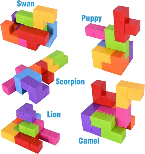 Vista 2 de WorWoder Bloques de construcción magnéticos para niños, cubos magnéticos 3D rompecabezas mágicos, juego de 7 bloques magnéticos de múltiples formas