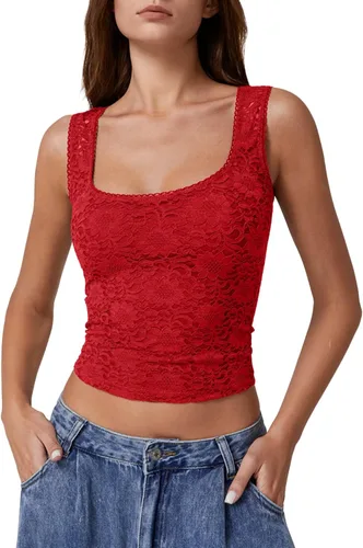 Vista 9 de QINSEN Camiseta sin mangas de doble capa con cuello cuadrado y ribete de encaje para mujer Amarillo claro
