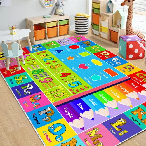 Vista 7 de Alfombra de juego del alfabeto para niños, 4 x 6 pies, con números ABC y formas, educativa, aprendizaje infantil, sala de juegos, aula, jardín