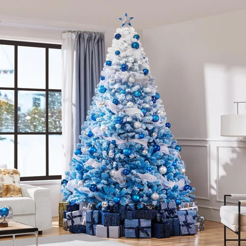 Vista 6 de Yaheetech - Árbol artificial de Navidad preiluminado de 9 pies con 900 luces incandescentes de color blanco cálido, árbol de Navidad con flecos