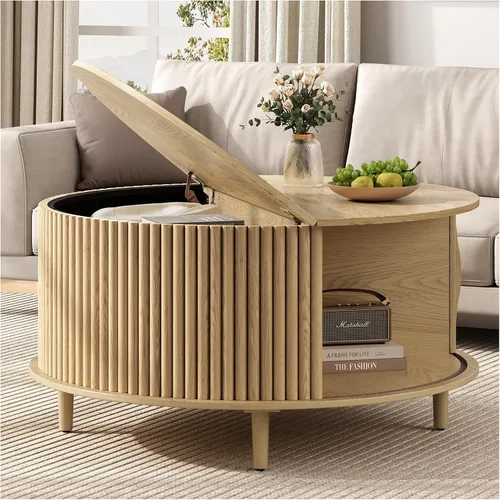 Vista 23 de SULIVES Mesa auxiliar ovalada con almacenamiento, mesa de centro multifuncional con tambor elevable, pequeña mesa central acanalada para sala