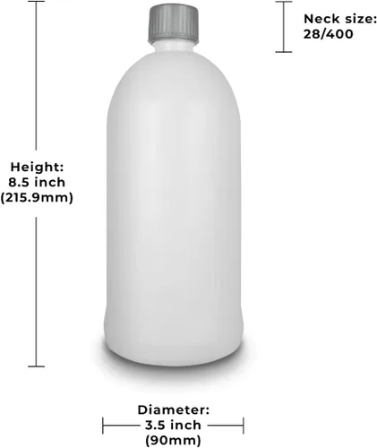 Vista 3 de Botella de plástico PET blanco de 32 oz con acabado de cuello 28/400 CON tapa gris a prueba de niños (4)