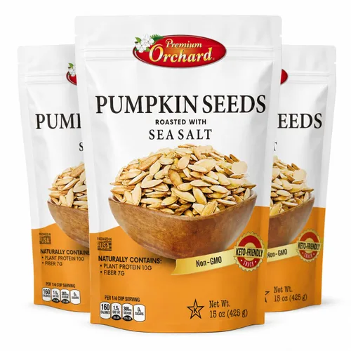 Vista 6 de Semillas de calabaza tostadas para comer en cáscara de Premium Orchards Mezcla de frutos secos – Salado con sal marina – Snacks veganos frescos