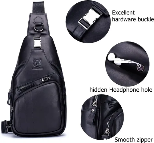 Vista 3 de BULLCAPTAIN Bolso bandolera de cuero genuino para hombre, estilo casual, multiusos, mochila de hombro, mochila de viaje para senderismo