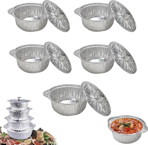 Vista 9 de Macetas desechables de aluminio con tapas, 12 unidades, 135.3 fl oz, plateadas, sin recubrimiento, aptas para horno y estufa, incluye tapas