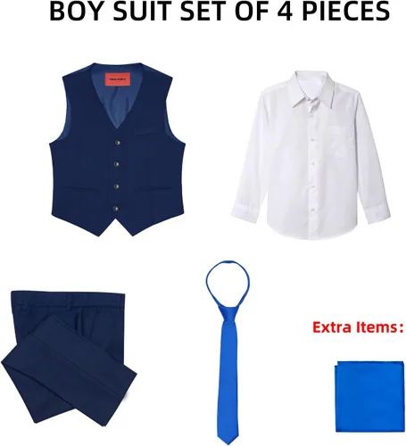 Vista 3 de Happy Dolphin Boys Vest Set 4-Piece Suits Vest Kids Slim Fit Formal Vest with Suit Vest Pants Dress and Colorful Tie