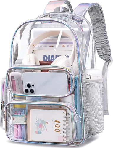 Vista 23 de CAMTOP Mochila transparente resistente y transparente para estudiantes, escuela, trabajo, festival, viajes, deportes, Beige, Mediana, Camtop Mochila