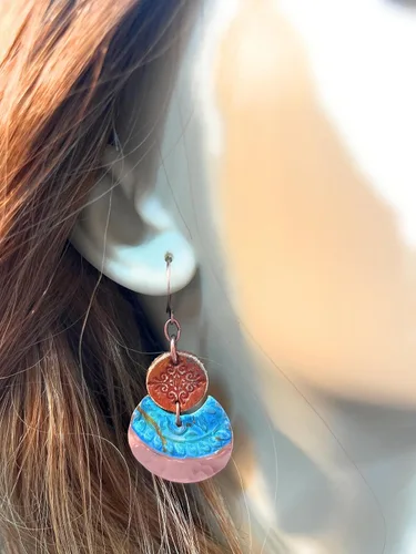 Vista 5 de Boho Leather Stamped Scroll & Turquoise Rust Hammered Copper Earrings