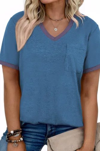 Vista 79 de Eytino Blusas de talla grande para mujer, cuello en V, manga corta, a rayas, casual, holgada, con bolsillo (1X-5X)