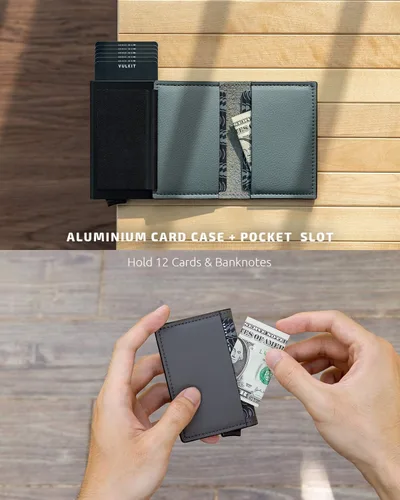 Vista 4 de VULKIT Tarjetero RFID Bloqueo de Cuero Automático Pop Up Cartera Aluminio Slim Pocket Tarjeta de Visita