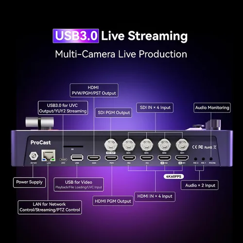 Vista 2 de Tenveo Conmutador Mezclador de Video HDMI 4K60FPS, 4*SDI & 4*HDMI Entrada, Conmutador de Transmisión en Vivo de 5 Canales, Pantalla FHD de 5.5