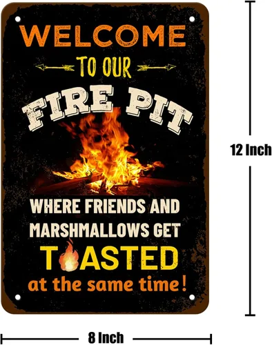 Vista 2 de ANJOOY Cartel de metal vintage divertido de lata de camping, bienvenido a nuestra hoguera, donde amigos y malvaviscos se tostan, porche al aire