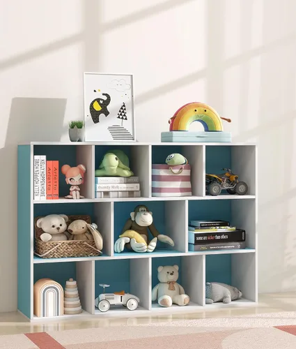 Vista 11 de Organizador de almacenamiento de juguetes para niños de 11 cubos con estante para niños, estantería de bebé para guardería, estantería de madera