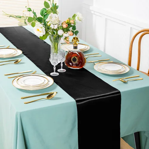 Vista 3 de Homiest Paquete de 4 decoraciones de mesa de satén, color negro, camino de mesa brillante para boda/cumpleaños, 12 x 108 pulgadas, camino
