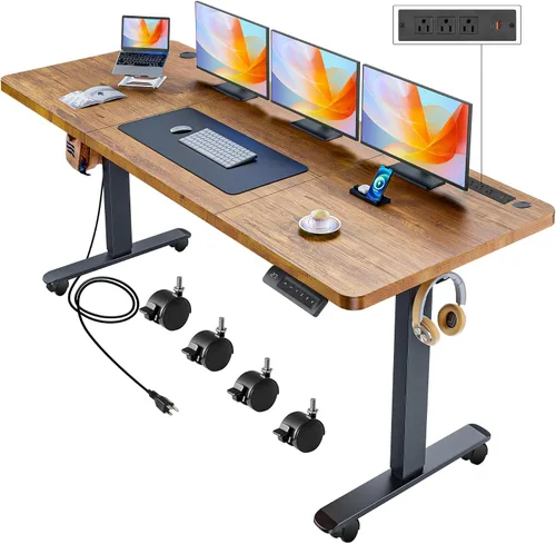 Vista 12 de Escritorio eléctrico de altura ajustable de pie, escritorio de sentarse y pararse de 48 x 24 pulgadas con toma de corriente, 2 puertos USB, 3 tomas