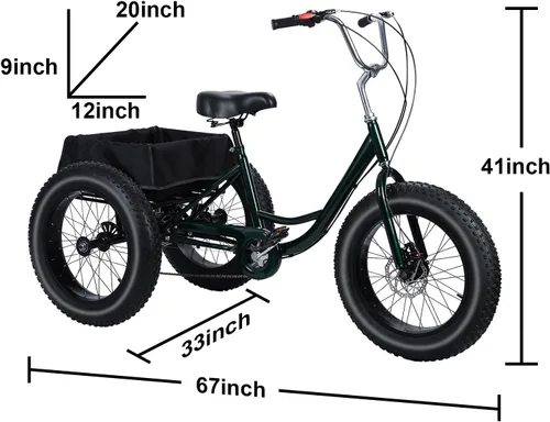 Vista 5 de Triciclo para adultos, bicicleta todoterreno de 3 ruedas con neumáticos gruesos de 20 pulgadas, 7 velocidades de alta resistencia y capacidad de 450