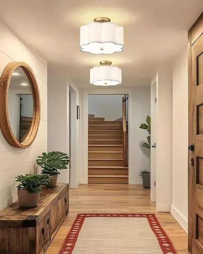 Vista 5 de Lámpara de Techo Semiempotrada Dorada, 3 Luces Accesorios de Iluminación de Techo de 12.5" con Pantalla de Tela en Forma de Flor, Luces de Tambor