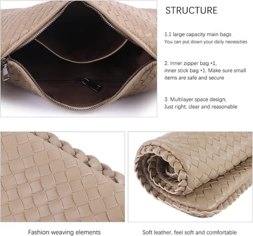 Vista 6 de Bolso Hobo de cuero tejido con bolso para mujer, bolso de hombro con asa superior, bolsas de mano para mujer, bolso suave de gran capacidad