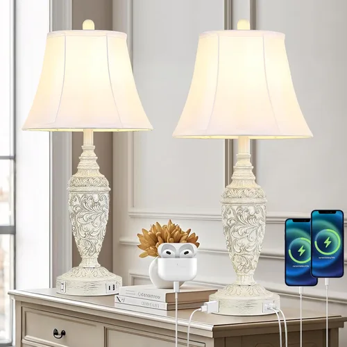 Vista 10 de Sheetea Juego de 2 lámparas de mesa estilo granja de 24.5 pulgadas, lámparas rústicas para dormitorio con 2 puertos de carga USB, pantalla de tela