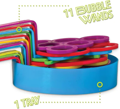 Vista 4 de Neliblu - Juego de 11 varitas para hacer burbujas para niños, set para fiesta, diferentes formas y colores y además incluye una práctica bandeja