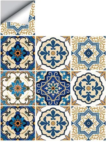Vista 12 de 25 calcomanías de azulejos de estilo marroquí, 4x4 pulgadas (10x10cm) murales tradicionales de bricolaje, calcomanías de azulejos impermeables a