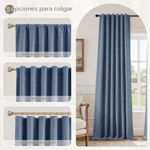 Vista 9 de HOMEIDEAS Cortinas de lino sintético azul polvoriento, 100% opacas, 96 Azul piedra