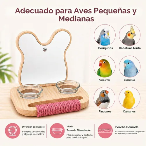 Vista 4 de Espejo de pájaro con perca y comedero, juguetes de madera para pájaros jaula de pájaros, accesorios para loros para gastar energía, juguetes
