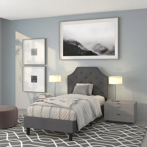 Vista 16 de EMMA + OLIVER Base de cama tapizada con diseño arqueado y diseño capitoné en tela beige