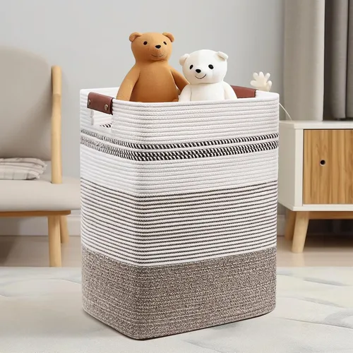 Vista 23 de DOFASAYI Cesta de lavandería grande de 72 litros con asas de cuero, cesta de almacenamiento decorativa para mantas, cesta de ropa para sala