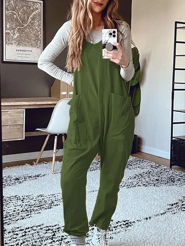 Vista 2 de DEEP SELF Overol suelto casual con cuello en V para mujer, sin mangas, tirantes delgados ajustables, pantalones largos harén, overoles con bolsillos