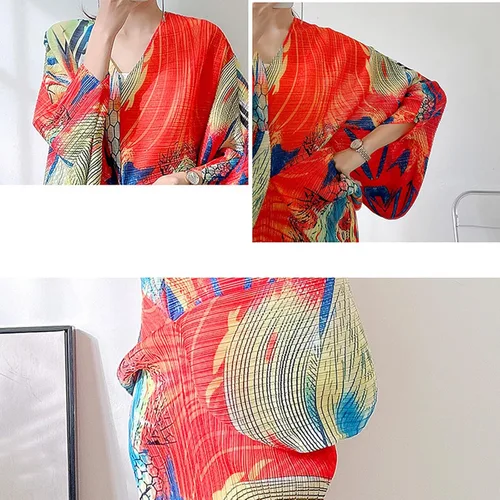Vista 6 de ZYTECO Vestido plisado con estampado floral para mujer, cuello en V, manga corta, estilo dolman, casual, fluido, para invitadas de boda