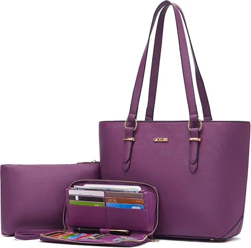 Vista 17 de Qiyuer - Juego de carteras y bolsos para mujer, bolso de trabajo, bolso de mano, bolso de hombro con asa superior, bolso con cartera a juego