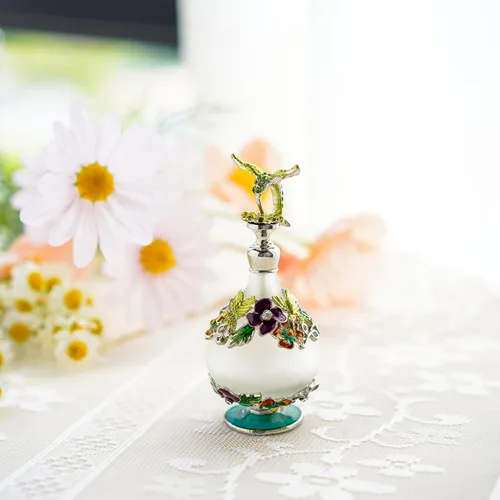 Vista 4 de YU FENG Botella de perfume de vidrio con flor de colibrí, botella de perfume de cristal decorativa con esmalte joya, contenedor de perfume