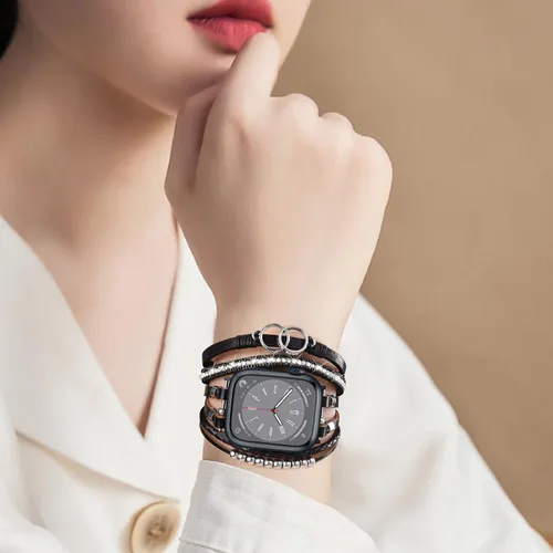 Vista 4 de MOFREE - Pulsera de cuero boho compatible con Apple Watch Band de 38, 40, 41 mm, pulsera de cuentas multicapa hecha a mano para Apple Watch, correa