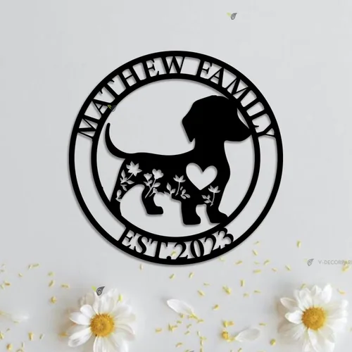 Vista 3 de Letrero de metal con monograma personalizado, letrero de metal para perro Weiner, Regalo de apellido de la familia, letrero de nombre de familia