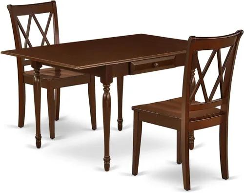 Vista 5 de East West Furniture MZCL3-LWH-C - Juego de mesa de comedor moderno de 3 piezas que contiene una mesa rectangular de madera con gotas y 2 sillas