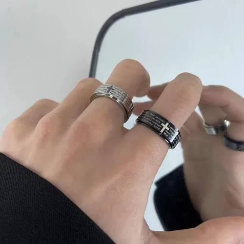 Vista 5 de Anillo inspirador de versículos de la Biblia giratorio, cruz y crucifijo de fe, anillo grueso para hombres y niños, de acero inoxidable