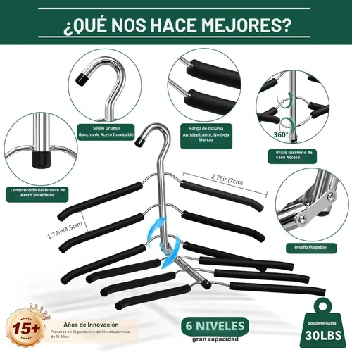 Vista 2 de DOIOWN - Perchas para ahorrar espacio de 6 niveles para abrigos - Con espuma antideslizante acolchada, perchas de metal negro para suéteres