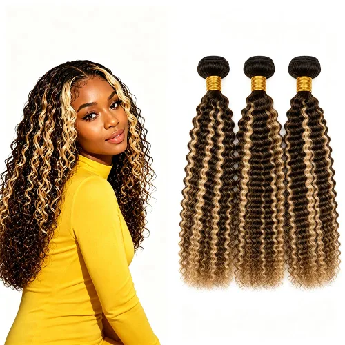 Vista 250 de P4613 Cabello humano rizado onda profunda marrón y paquetes mixtos 8 10 12 P4613 Ombre Marrón-Rubio-DP