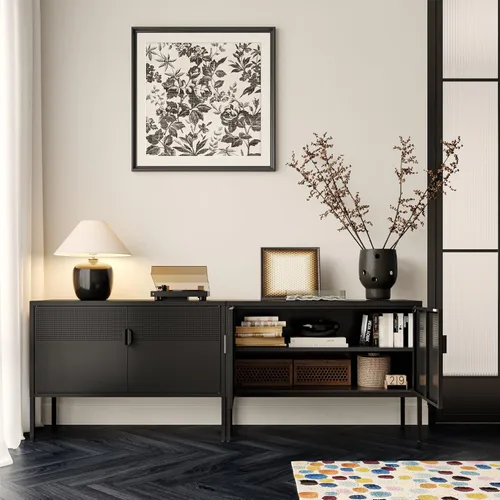 Vista 4 de COFaR Soporte de TV para televisores de hasta 75 pulgadas, consola multimedia de 40 pulgadas de largo con puertas de ventilación, centro de Negro