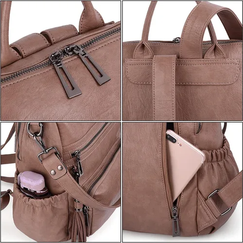 Vista 5 de UTO Mochila de cuero vegano para mujer, diseño de moda, convertible con borla, para viajes, con borla