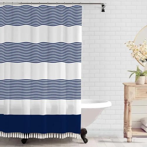Vista 13 de bufftieo Cortina de ducha en blanco y negro para baño con diseño bohemia a rayas, cortina de ducha de tela moderna con borlas estilo granjero - 54