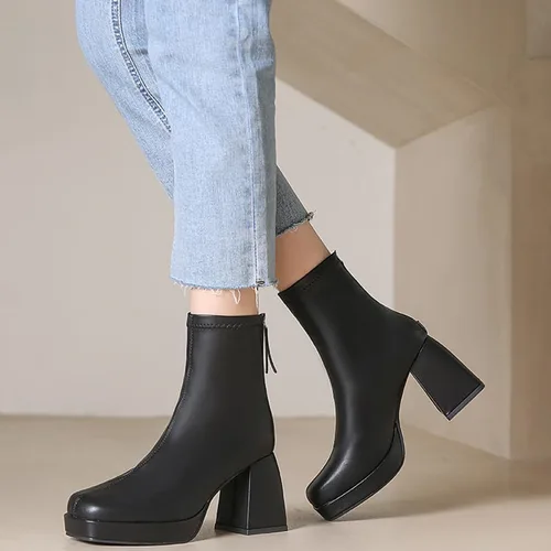 Vista 2 de RiceelSor Botines de tacón alto grueso para mujer, con cremallera lateral, punta cuadrada, impermeables, cómodas, con soporte de arco para oficina