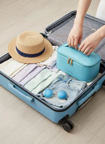 Vista 5 de Bolsa de maquillaje pequeña para mujeres, con cremallera, organizador, impermeable, bonita (azul claro)