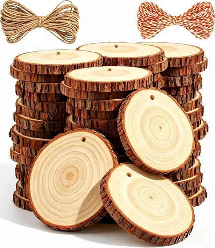 Vista 8 de Rebanadas de madera natural TICIOSH Craft Kit de madera sin terminar, preperforadas con agujero, círculos de madera para manualidades, decoración
