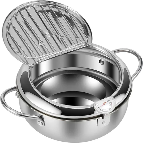 Vista 2 de Olla de 8.2 pulgadas de profundidad con cesta coladora y termómetro, olla profunda de acero inoxidable con asa, mini freidora de aceite