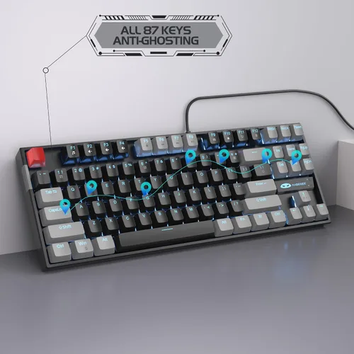Vista 5 de MageGee - Teclado mecánico para juegos 75%, con interruptor rojo, retroiluminación LED azul, 87 teclas, teclado compacto TKL con cable