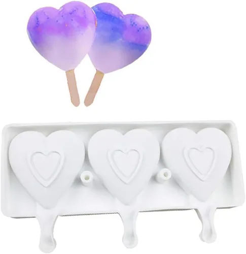 Vista 7 de Molde de barra de silicona para helado, 3 cavidades blancas en forma de corazón, moldes de silicona, moldes para paletas de chocolate, bandeja